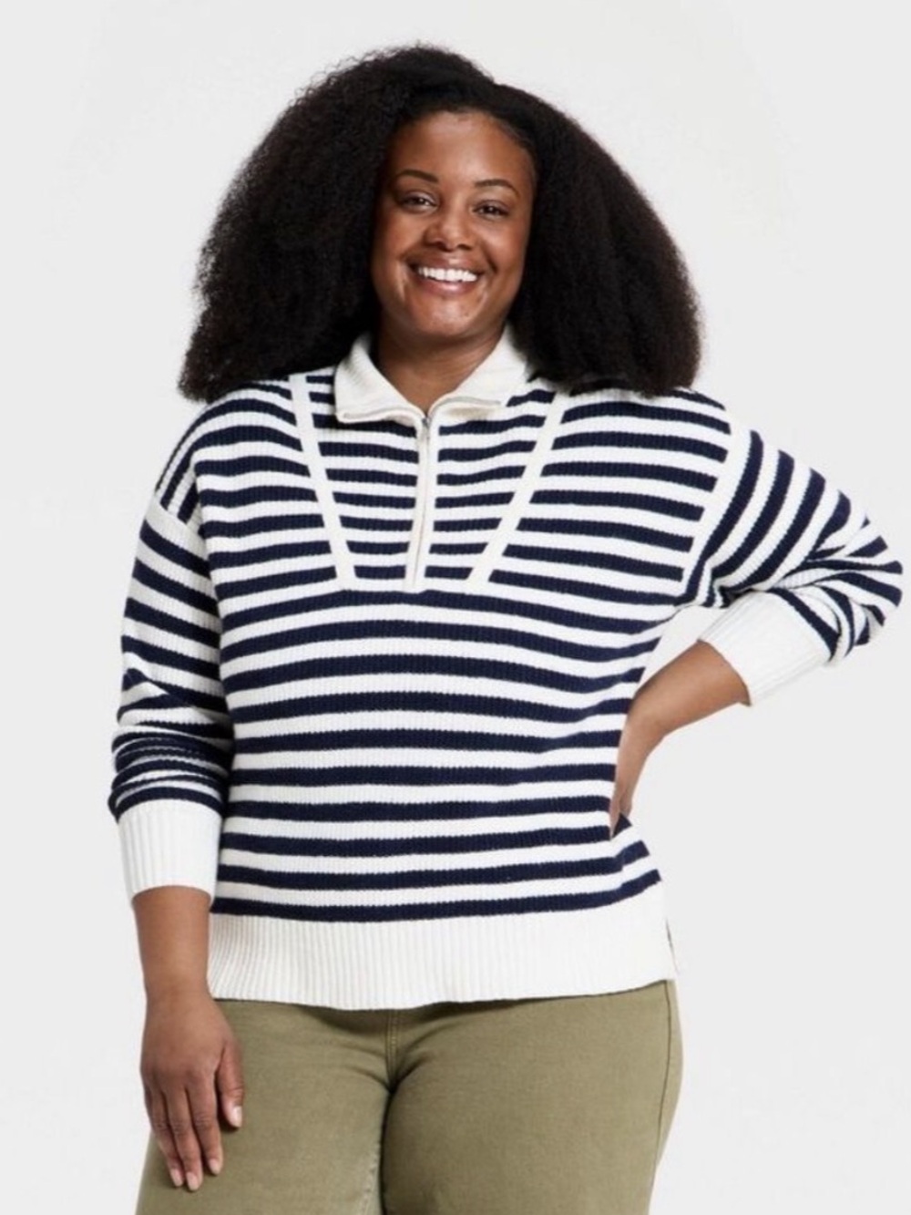 Ava & Viv Long Sleeve Mock Turtleneck Quarter-Zip Sweater Navy Cream Striped XXL
